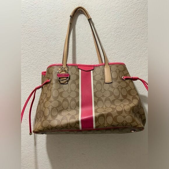 Coach Signature Bag F29084 Carryall Large Tote Drawstring Khaki Pomegranate Brow - Picture 1 of 14